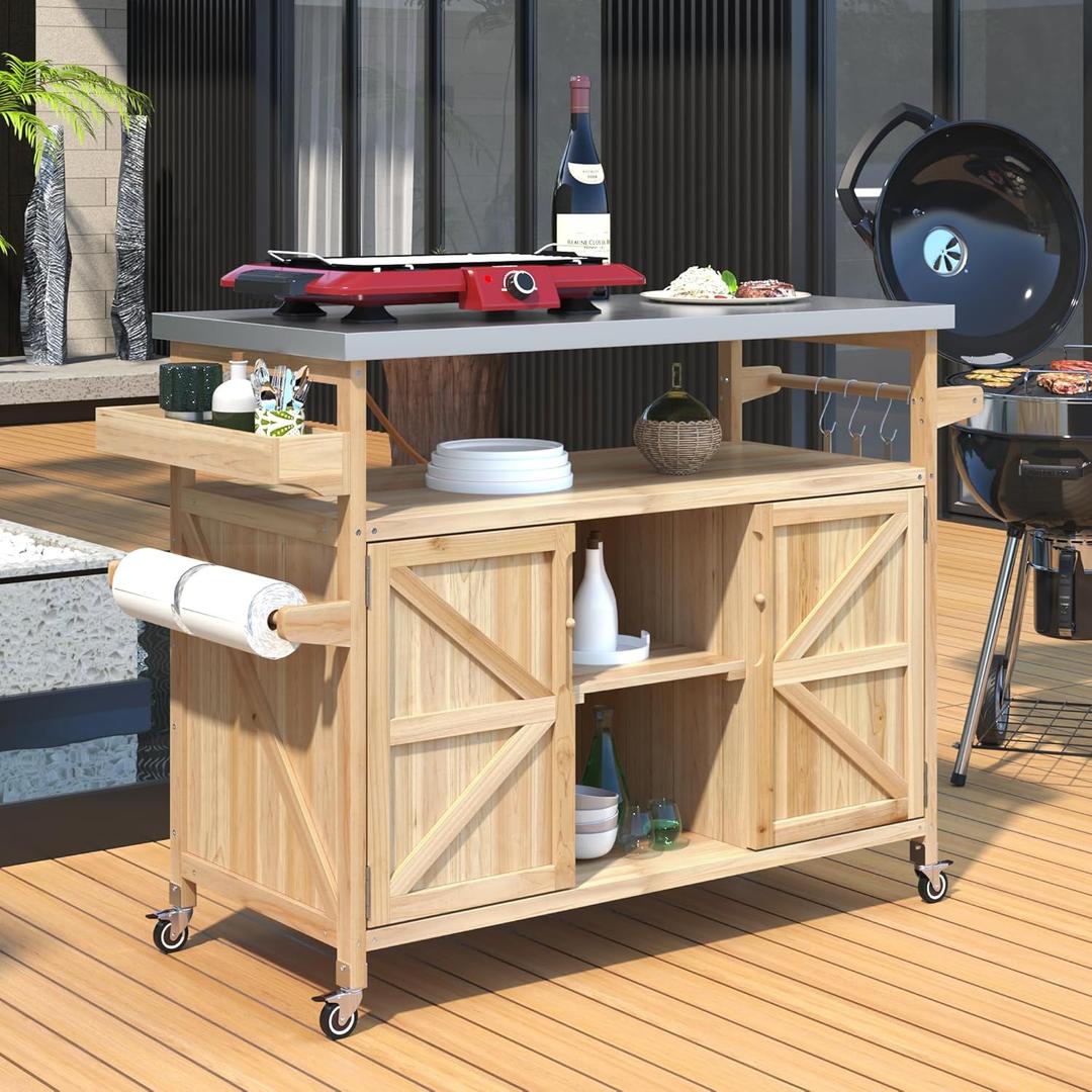 Outdoor Grill Cart with Storage, Rolling Bar Cart and Lockable Wheels, Farmhouse Solid Wood Outdoor Grill Table with Stainless Steel Top, Spice Rack, Towel Rack for Kitchen and BBQ, Natural