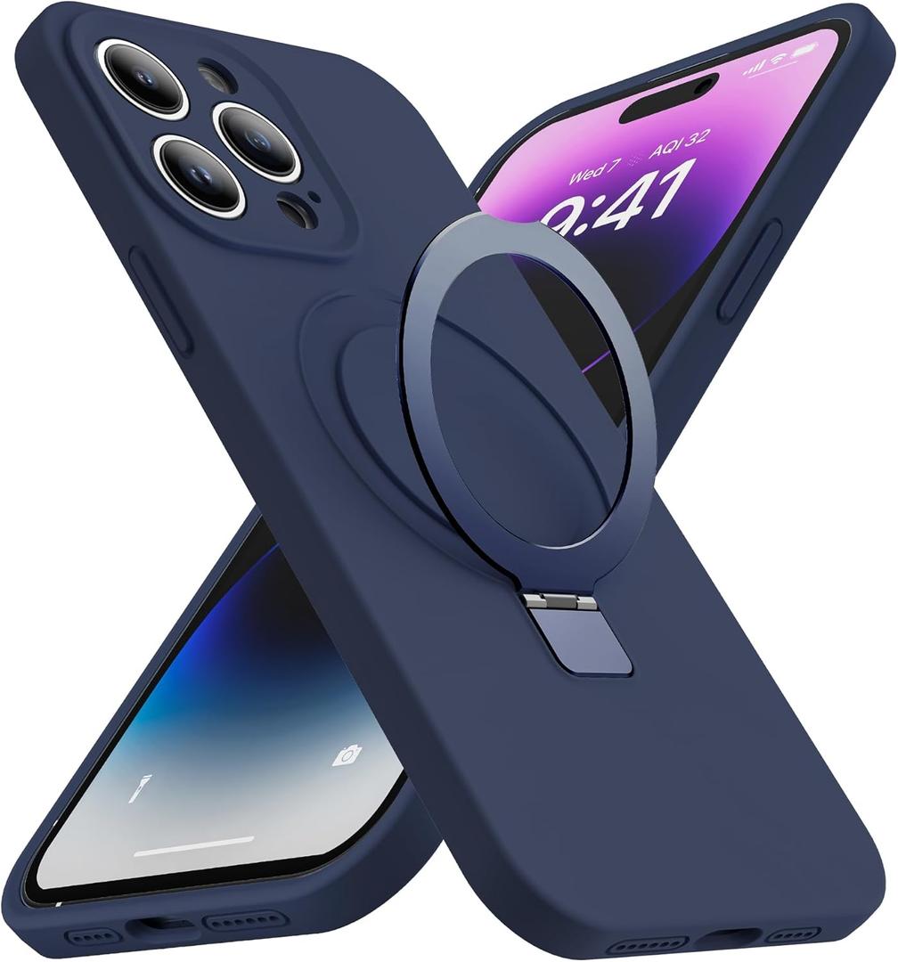 Designed for iPhone 15 Pro Case with Magnetic Invisible Stand Compatible with Mag-Safe Military Drop Tested Shockproof Silicone Phone Cases for Women Men 6.1'', Dark Blue