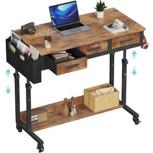 Rolling Standing Desk Adjustable Height with Drawers on Wheels, 40 Inch Portable Mobile Stand Up Computer Desks for Bedroom Home Office, Couch Sofa Side Laptop Table with Storage, Rustic Brown, 39.5"