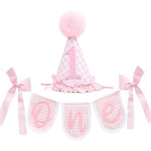 Pink Gingham First Birthday Party Decoration Set, ONE Banner 80 inches, Pink Gingham Party Hat, 5.5 inches, Pom Pom Topper with Number 1, Girls Birthday Decoration
