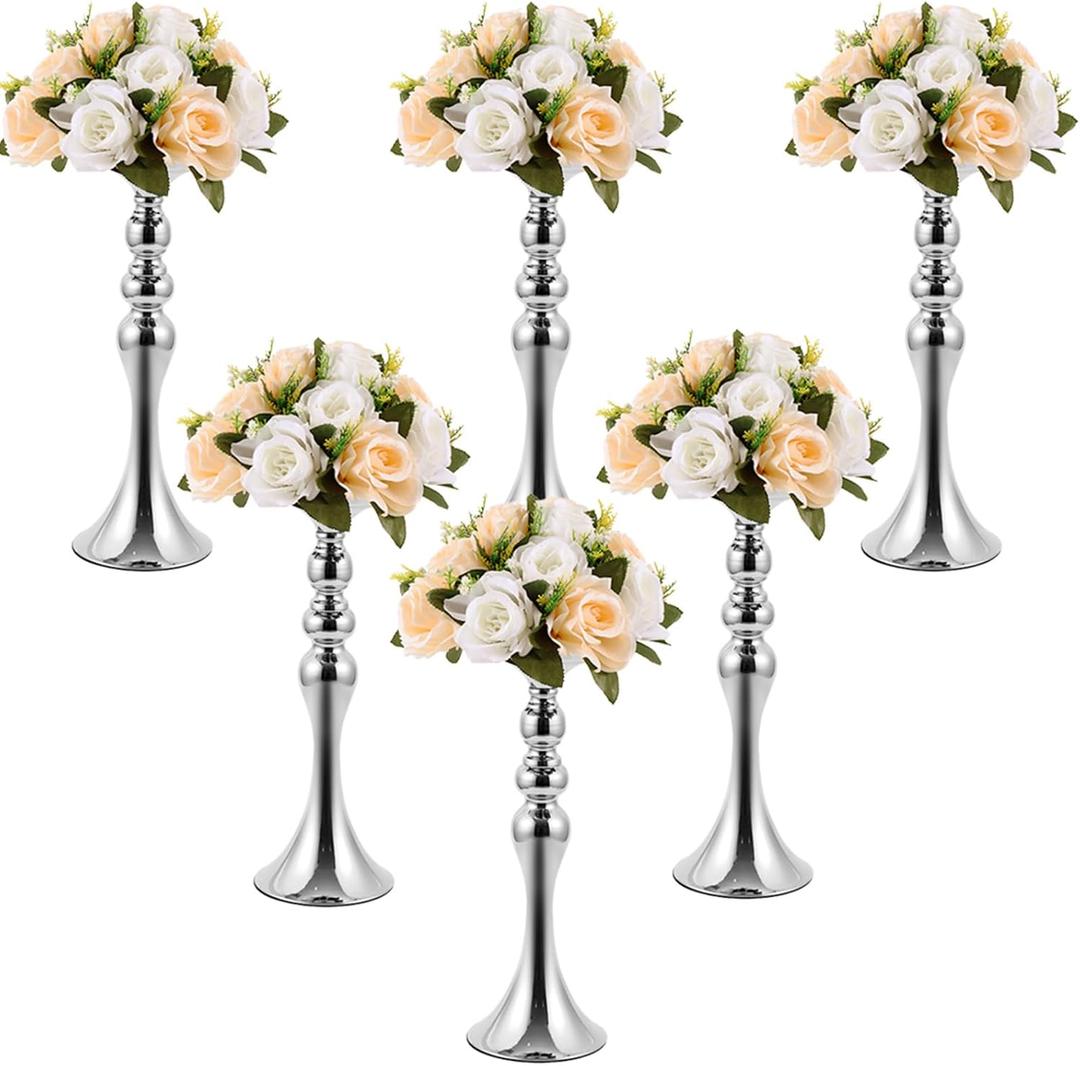 Sabary 6 Pcs Wedding Flower Stand Metal Flower Centerpieces Stand for Table Vase Arrangement Rack Candleholder for Wedding Reception Dinner Table Party Decor(15 In,Silver)