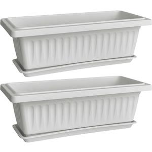 19 Inch Rectangular Plastic Planters with Drainage and Matching Trays, Set of 2, Window Box Flower Pots for Indoor Outdoor Use (White)