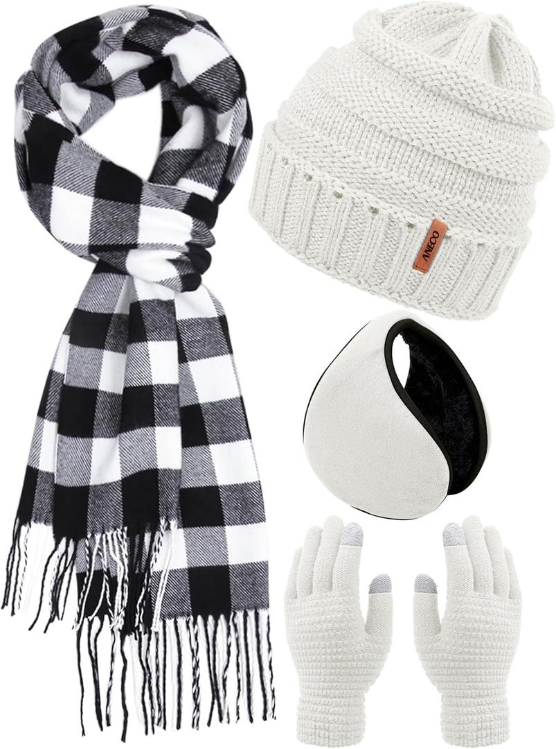 Aneco Winter Warm Knitted Sets Buffalo Plaid Scarf Beanie Hat Touch Screen Gloves and Winter Ear Warmer Set for Men or Women (White)