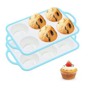 Fimary Silicone Jumbo Muffin Pan with Metal Frame, Non Stick Food Grade Silicone Large Muffin Pan, with Handles 6 Cup,BPA-Free and Dishwasher Safe, Jumbo Cupcake Pans - 2 Piece Blue