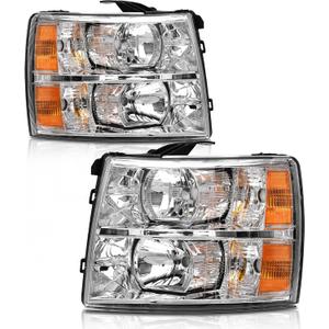Headlights Assembly for 2007-2013 Chevy Silverado 1500 | 2007-2014 Chevy Silverado 2500/3500 Chrome Housing Amber Reflector HeadLamp Replacement Pair (OE Type)