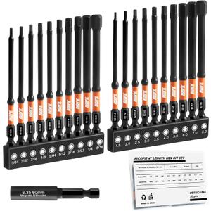 Impact 4" Long Allen Wrench Drill Bit Set Hex Bit Set 20pcs (Metric&SAE), 1/4" Hex-Shank S2 Steel, CNC Machined Tips with Extension Socket and Storage Box