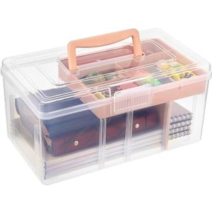BTSKY Modern Big Pink Dividing Box with Tray, 11.81 x 6.69 x 5.79 inches, Portable Storage Box with Removable Tray, Accessories & Arts & Crafts Organizer