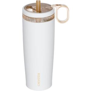 KISSKIND Iced Coffee Tumbler with Hidden Straw, 20 oz Reusable Iced Coffee Cup, Ceramic Lined Travel Mug Fits in Bags and Car Cupholders, 100% Leakproof Cold Brew Cup, No Spill, Clean Brew