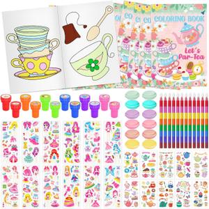 Cinrobiye 72 PCS Tea Coloring Books Party Favors Set Floral Tea Party Favors Goodie Bag Fillers Teapot Cup Birthday Party Supplies DIY Scene Stickers Tattoos Prizes Art Crafts for Home and Events