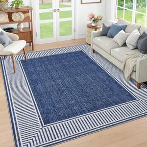 GarveeHome Bordered Rug 4x6 Washable Rug for Living Room Modern Striped Border Area Rug Non Slip Low Pile Dining Room Throw Carpet Contemporary Carpet for Entryway Kitchen Nursery, Blue