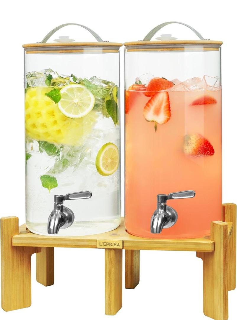L'PICA 1.5 Gallon Drink Dispenser for Parties 2 PCS, Beverage Dispenser Set of 2, Glass Drink Dispensers with Wood Stand, Large Drink Dispenser with Stainless Steel Spigot 100% Leakproof, Wood Lid.