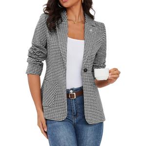 ELLEVEN 2025 Women's Houndstooth Plaid Blazers with Embroidered Collar, Business Casual Work Office Jacket with Pockets (Large)