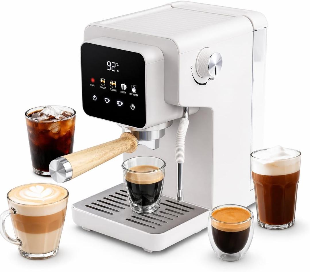 Home Espresso Machine with Milk Frother, 1350W Compact Touchscreen Espresso Coffee Maker for Cappuccino & Latte, Adjustable Temperature & Custom Shot Volume, 40oz Removable Water Tank, White