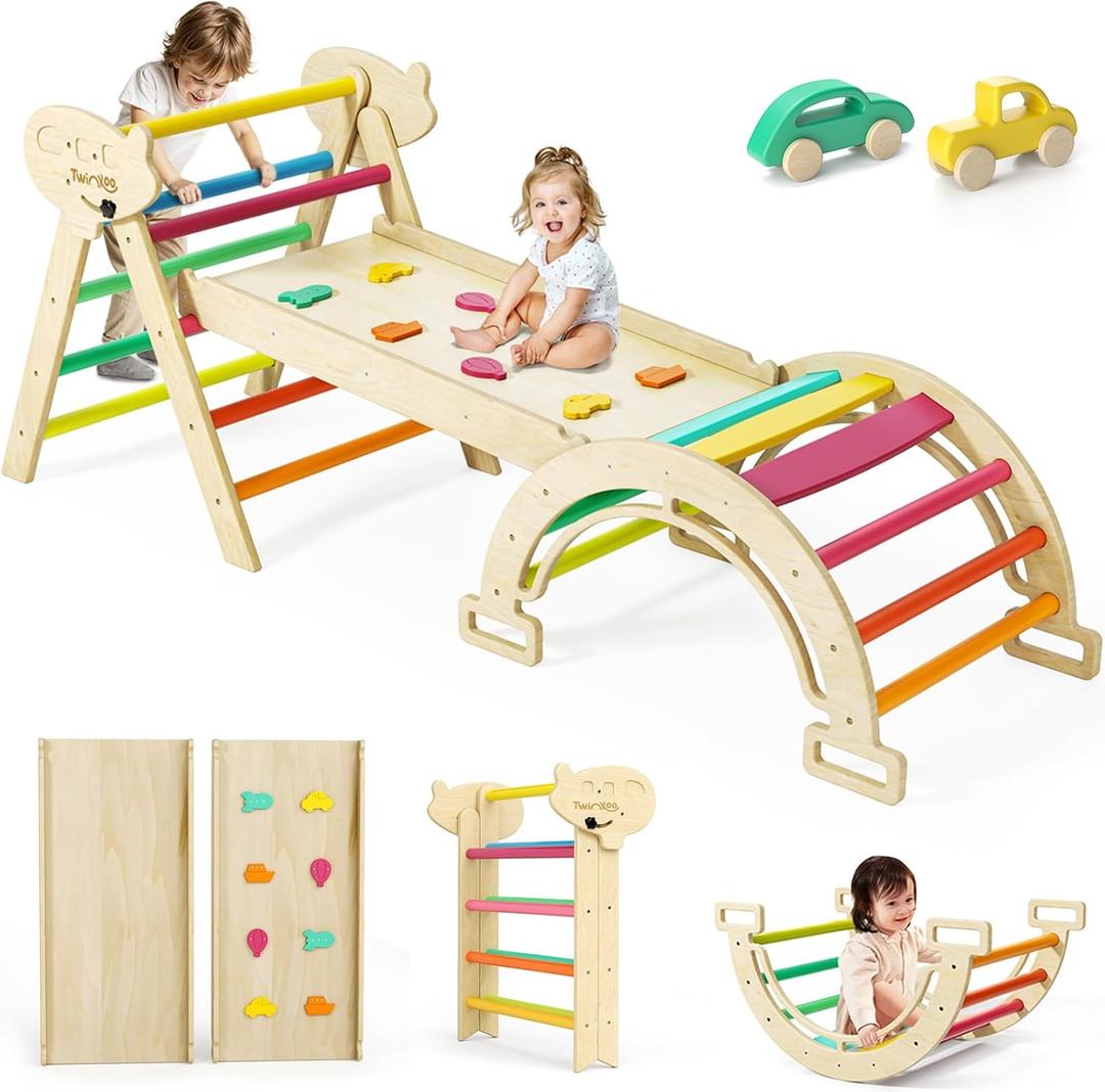 Twinkoo 7 in 1 Pikler Triangle Set, Foldable Toddler Baby Climbing Toys, Solid Wooden Montessori Climbing Set, Baby Climber Indoor Playground Jungle Gym for Toddlers Montessori Toys