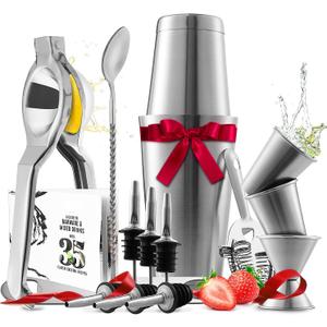 Bar Set Cocktail Shaker Set, Stainless Steel Mixology Bartender Kit, 16 Piece Cocktail Kit, Silver Cocktail Set, Bar Tools: 30oz Martini Shaker, Muddler, Bar Kit Cocktail Book, Jigger and Pourers