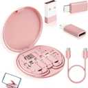 USB-C Travel Adapter Kit with Storage Box and SIM Card Holder, Lightning to C and Micro-USB to C Female, Short Cable, Fast Charge for iPhone and Android (Pink)