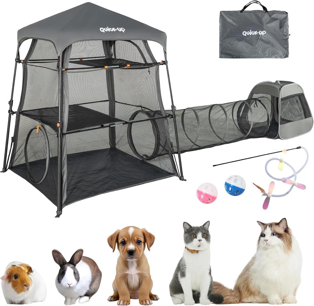 Large Outdoor Cat Enclosure for Indoor and Outdoor, 3 in 1 Cat Tower Tent with Tunnel and Pop Up Cage, Foldable and Portable Catio with Waterproof Floor and 3 Doors