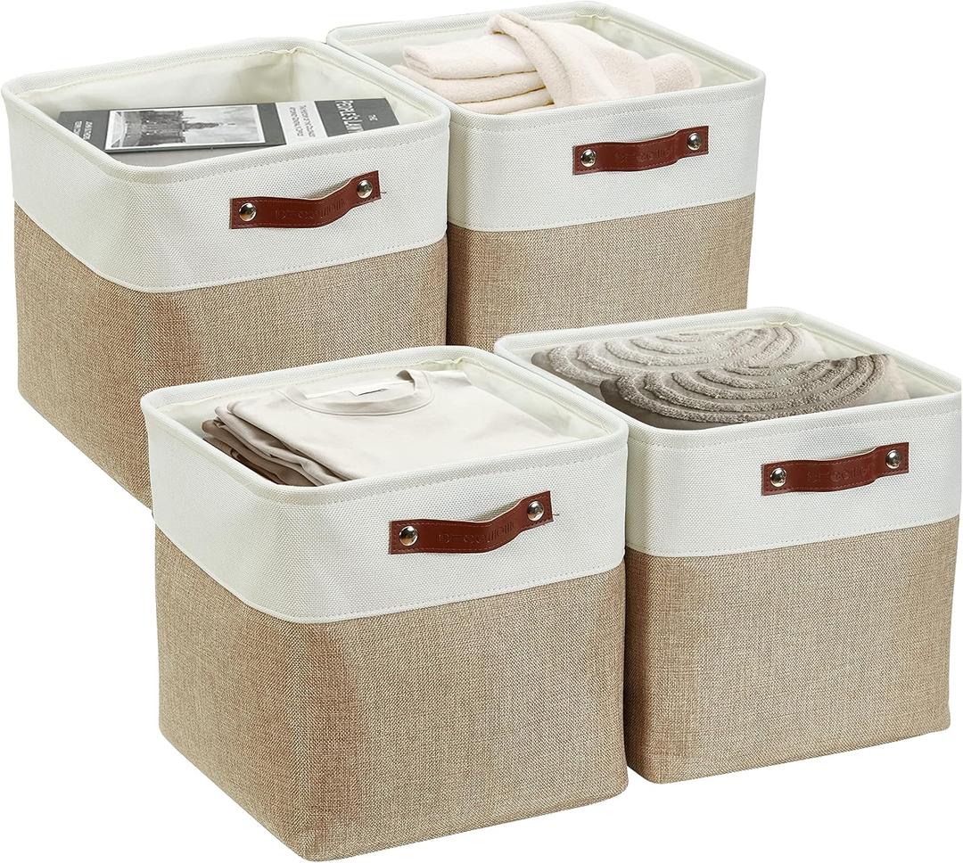 DECOMOMO Storage Cubes, 11x11 Cube Storage Bins, Baskets for Shelves (Beige & White, 4 Pack)