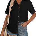 Women Linen Button Down Shirt Cotton Short Sleeve Blouses V Neck Collared Button Up 2025 Summer Beach Tops (Small, Black)