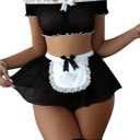 Foxiny Sexy Stockings Mini Skirt Mesh Sheer Lace Halloween Costume Maid Outfit Lingerie with Thong Set 4 Piece (Black), Small
