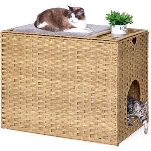 Cat Litter Box Enclosure with Litter Trapping Mat; Handwoven Plastic Rattan Cat House; No Installation Hidden Cat Washroom; Pet Crate for Balcony,Bedroom,Living Room