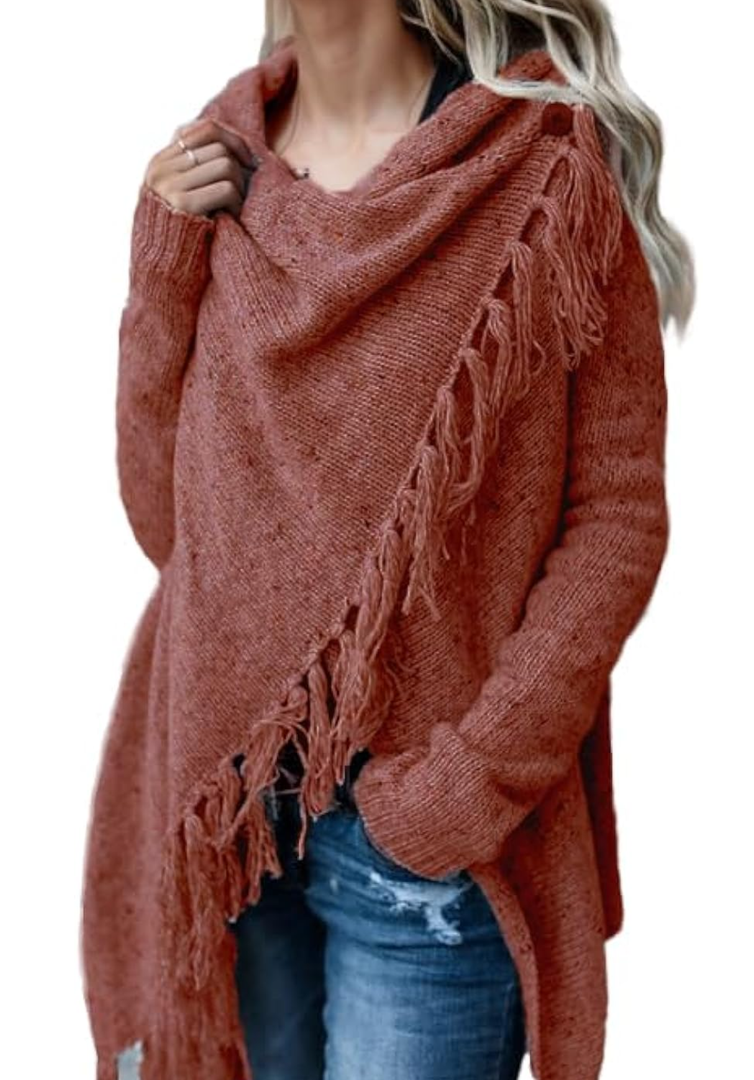 Women's Open Front Knited Tassels Slash Loose Cardigan Crew Neck Speckled Fringe Sweater Outwear, Size XXL