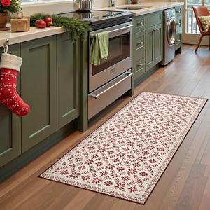 jinchan Knit Look Christmas Runner Rug 2x5 for Kitchen Red Holiday Rug for Hallway Bathroom Snowflake Printed Xmas Decor Washable Runner for Entryway Laundry Room Bedroom Non-Slip Red on Ivory