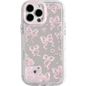 NITITOP Compatible with iPhone 15 Pro Case Cute Mirror Bow Love Heart Pattern for Women Girls Ribbon Design Shockproof Silver Protective Phone Cover - Light Pink Bow