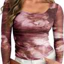 Pink Queen Mesh Top for Women Long Sleeve See Through Shirt Scoop Neck Sheer Blouse (Pink, XL)