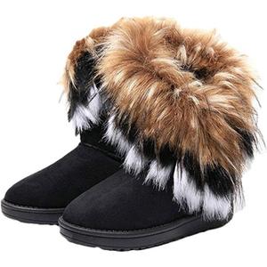 Naughtyangel Women Winter Warm Snow Ankle Boots Low Heels Faux Fox Rabbit Fur Tassel Shoes (9, Black)