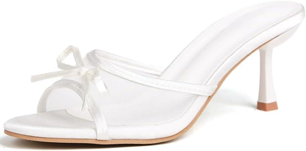 YIYA Women's Leopard Print Mules Heels with Bow Open Round Toe Stiletto High Heels Party Dress Slip On Backless Sandals (6, White)