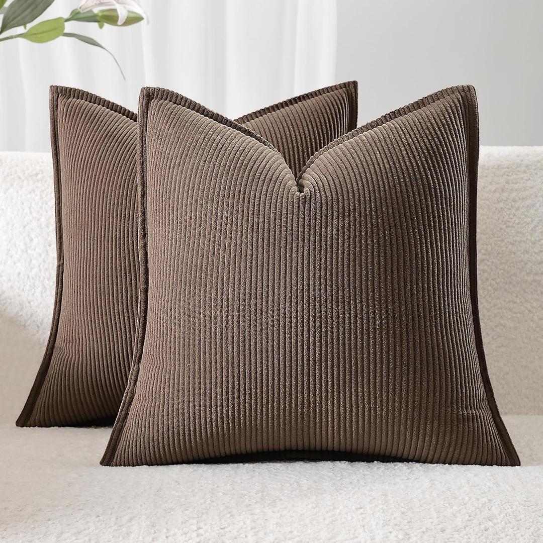 Corduroy Throw Pillow Covers 20x20 Set of 2 Boho Decorative Pillow Covers for Couch, Sofa, Bed Soft Square Cushion Covers for Living Room Decor (No Insert) Latte Brown
