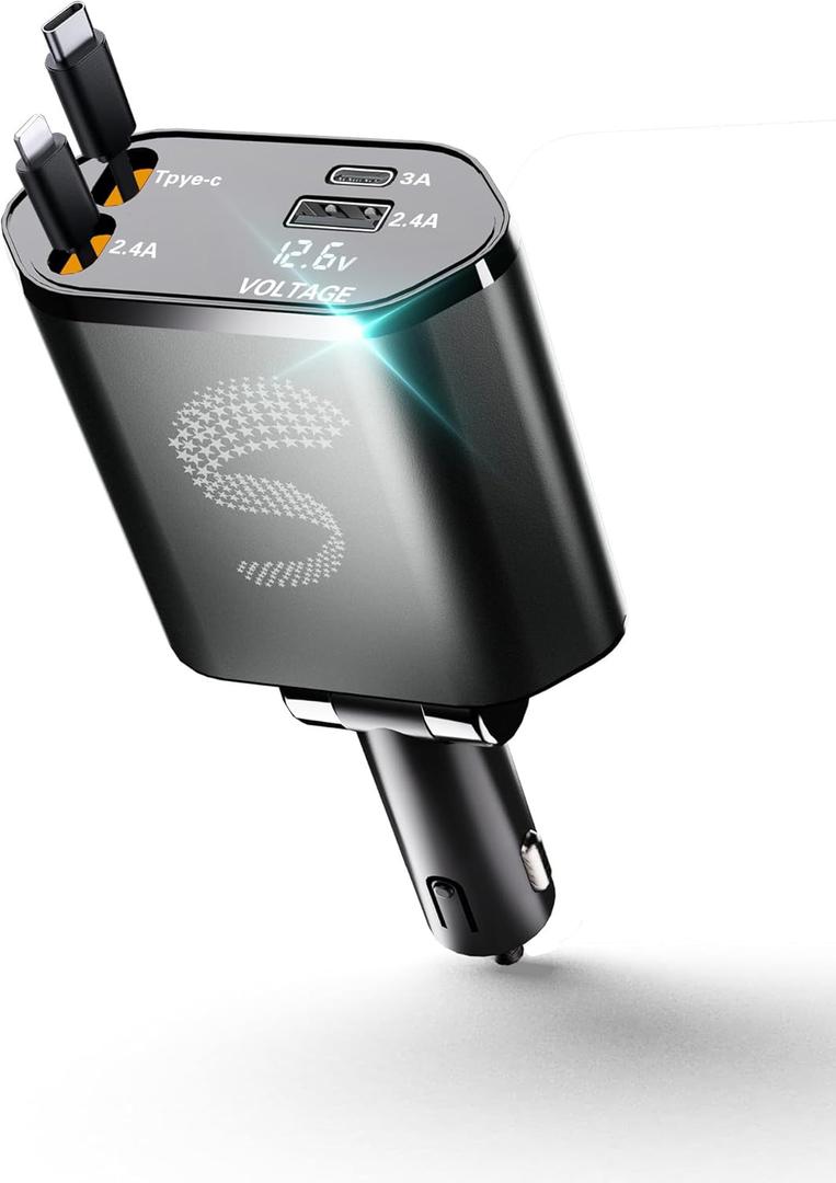 Retractable Car Charger USB C Fast Charging 120W, Car Accessories Cigarette Lighter Adapter Car Charger iPhone16 15 14 13 12 11 Car Essentials Gift for Travelers, Men, Women, Black