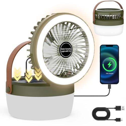 EJYTRVT Solar Camping Fan with LED Light – Rechargeable Portable Fan with 3 Speeds, 4 Lighting Modes, USB & Solar Powered, Foldable & Hanging Tent Fan for Camping, Travel, Beach, RV, Camper