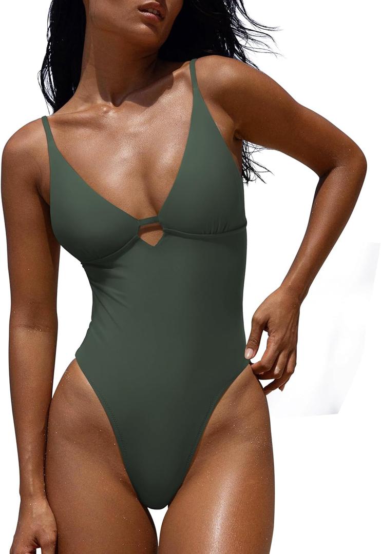 LASLULU Women's Sexy One Piece Swimsuits V Neck Padded Bathing Suit Modest Front Cutout Open Back Slimming Swimsuit (Green, L)