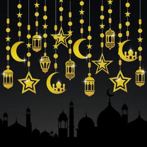 16pcs Ramadan Decorations Gold Star Moon Lantern Garland Pre-Assembled Shining Hanging Ramadan Mubarak Eid Decorations Banner Streamer for Eid Mubarak Decor Home Party Supplies