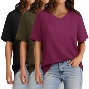 GAYHAY 3 Pack V Neck T Shirts for Women - Casual Loose Fit Spring Summer Tops Trendy Soft Short Sleeve Basics Tees 2025 (Medium, Black/Army Green/Purple)