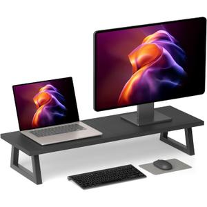 TEAMIX 31.5 inch Dual Monitor Riser, Long Black Monitor Stand Riser Wide TV Stand Riser Monitor Stand for 2 Monitors Wood & Steel Desktop Riser Desk Organization Home Office