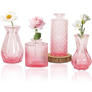 Set of 4 Glass Bud Vase Set, Small Vintage Clear Flower Vase Centerpieces for Table Bulk Cute Rustic Style Mini Vase for Home Decor Wedding Baby Shower Birthday Party(Ombre Pink)