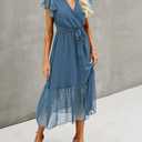 BTFBM Women Summer Bohemian Floral Casual Wrap V Neck Ruffle Cap Sleeveless Belt A-Line Pleated Hem Midi Sun Dress White (Blue, M)