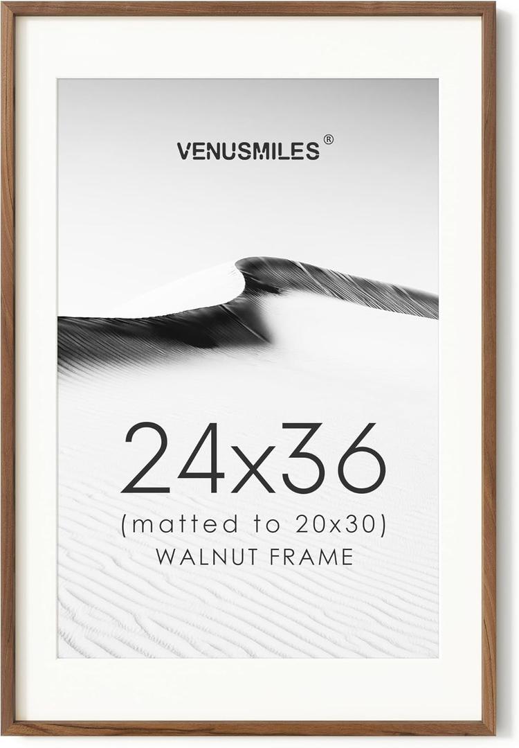 24x36 Poster Frame, USA-Sourced Natural Walnut Wood Picture Collage Frame with HD Tempered Glass, Modern Simple 24 x 36 Wooden Photo Frame Matted to 20x30, Vertical & Horizontal Wall Hanging Display