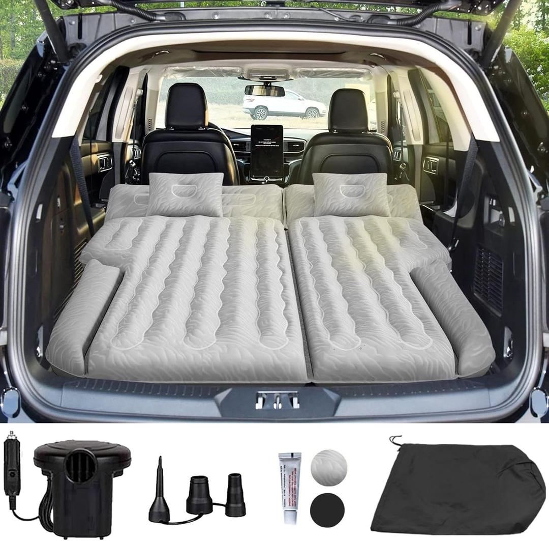 Umbrauto SUV Camping Air Mattress| Flocked Car Sleeping Bed with Reinforced Bottom| Back Trunk Inflatable Airbed for Vans| Includes Electric Pump, Pillows, Repair Patch & Carry Bag (Grey)