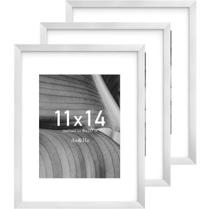 An&He 11x14 Picture Frame, Silver Photo Frame for Tabletop and Wall Display, Minimalist Design, Set of 3