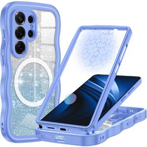 Hekodonk for Galaxy S26 Ultra Case Magnetic,[Cute Wave][Compatible with Magsafe][Built-in Tempered Glass Screen Protector] [Glitter Card] Full Body Bling Case for Samsung Galaxy S26 Ultra,Light Blue