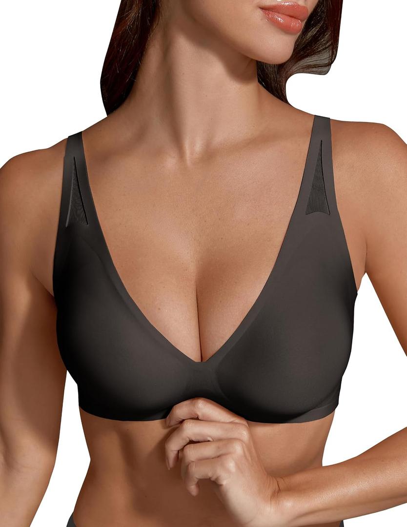 Maywind Jelly Bras for Women Push Up Wireless Deep V Seamless T-Shirt Bra, Jelly Wireless Push Up Bra Comfortable Supportive (Large, Black)