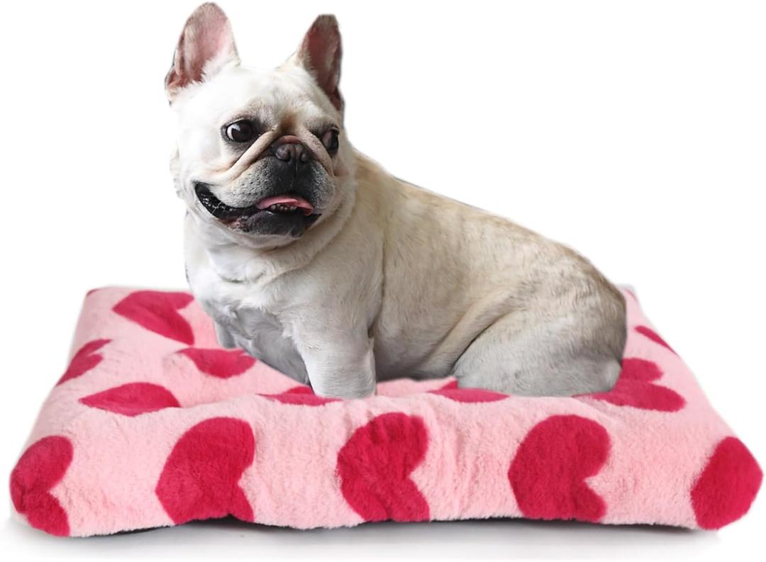 Small Washable Dog Crate Bed Deluxe Plush fit Small Breed Pets,24 inch Dog Kennel Pads with Anti-Slip Bottom Pet Sleeping Mat,24 x 18 Pink Heart