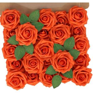 N&T NIETING Artificial Fall Flowers Fake Flowers Orange Roses Perfect for DIY Wedding Bridal Bouquets Centerpieces Bridal Shower Party Home Flower Arrangement Thanksgiving Decorations, 25Pcs