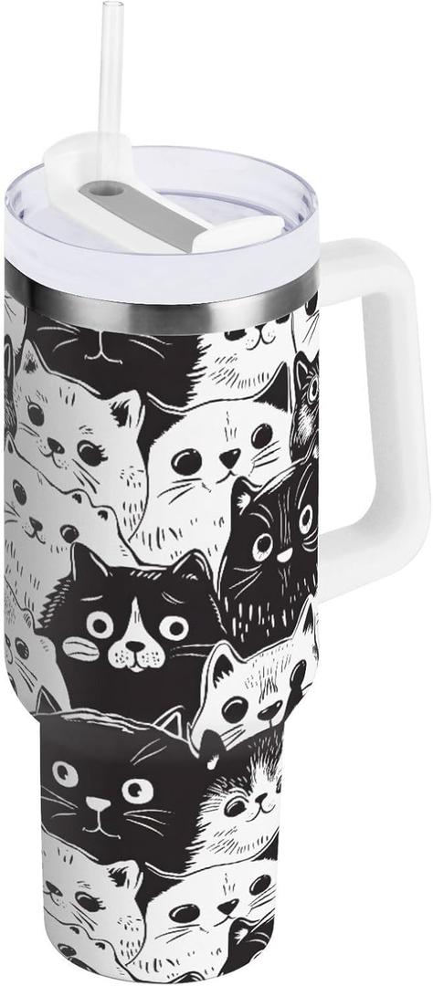 40oz Tumbler Black and White Cats Insulated Coffee Cup Stainless Steel Travel Mug Car Water Bottle with Lid Straw Handle (A003661)