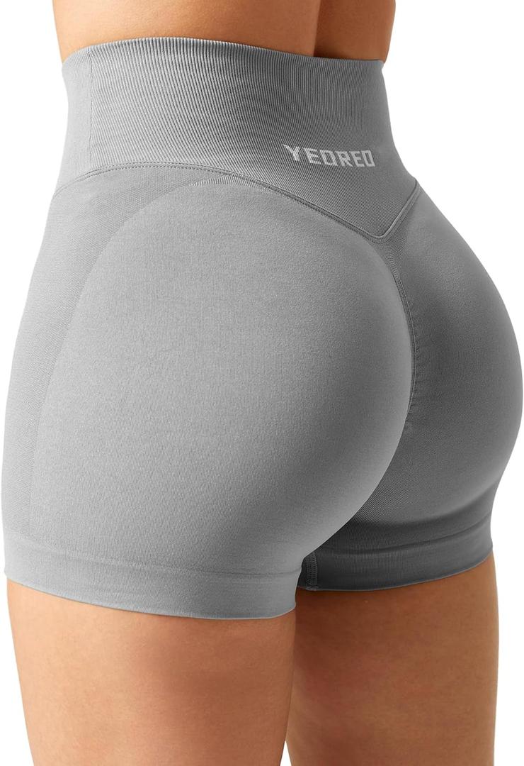 YEOREO Scrunch Butt Workout Shorts Women 3.5" Seamless V Cross Waist Sport Gym Amplify Shorts (Small, Light Grey)