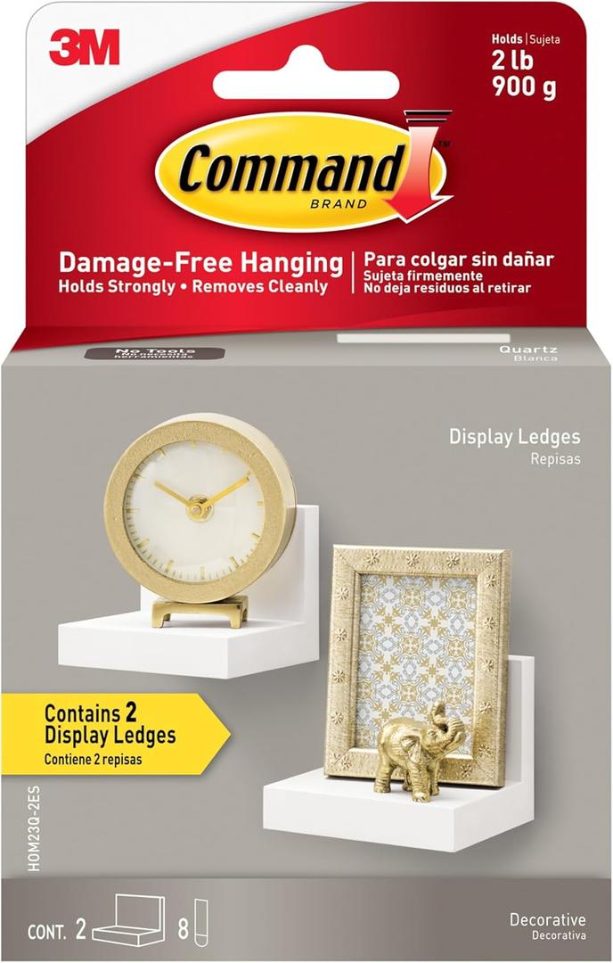 Command Display Ledges, Holds up to 2 lb, Quartz, 2 Ledges with 8 Medium Strips, Damage-Free Hanging Floating Shelf with Adhesive Strips, Personalize Living Room, Bedroom, Kids Room or Office, White